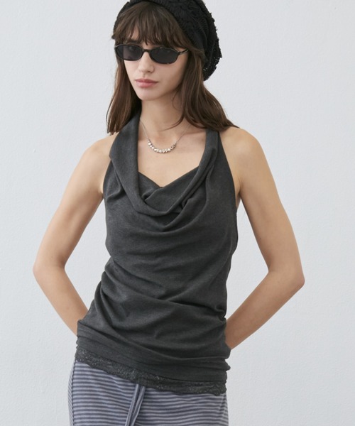 Rohwel(ローウェル)の「Lace Trim 2way Drape Halter Top / レーストリム2wayドレープホルタートップス(タンクトップ・レディース・ライトブルー/ブラック/ホワイト・FREE)」の3枚目の写真