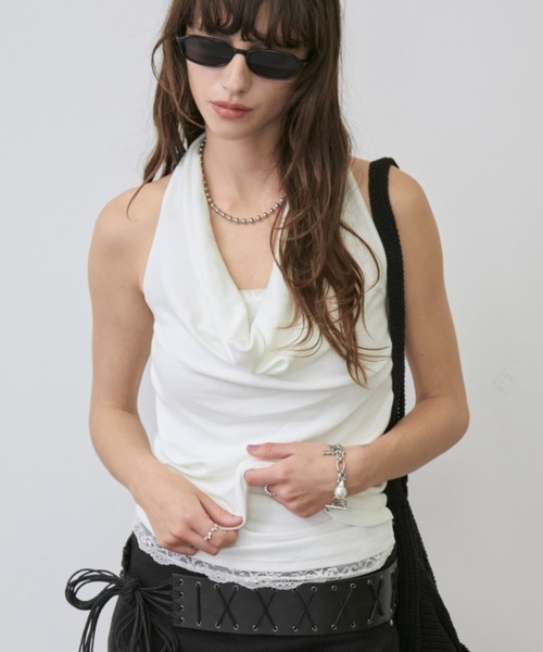 Rohwel(ローウェル)の「Lace Trim 2way Drape Halter Top / レーストリム2wayドレープホルタートップス(タンクトップ・レディース・ライトブルー/ブラック/ホワイト・FREE)」の14枚目の写真