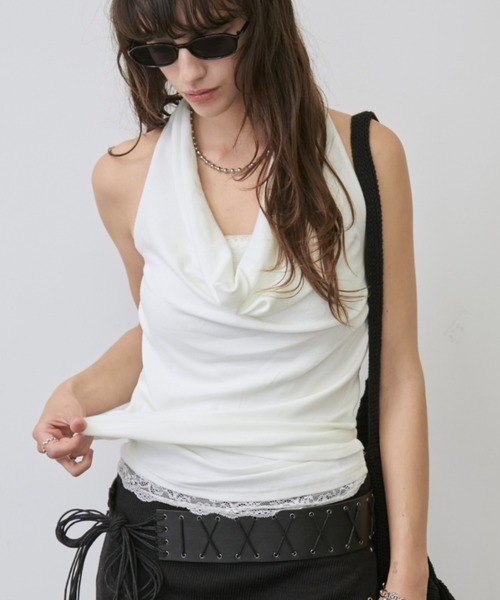 Rohwel(ローウェル)の「Lace Trim 2way Drape Halter Top / レーストリム2wayドレープホルタートップス(タンクトップ・レディース・ライトブルー/ブラック/ホワイト・FREE)」の13枚目の写真