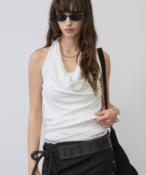 Rohwel(ローウェル)の「Lace Trim 2way Drape Halter Top / レーストリム2wayドレープホルタートップス(タンクトップ・レディース・ライトブルー/ブラック/ホワイト・FREE)」の12枚目の写真
