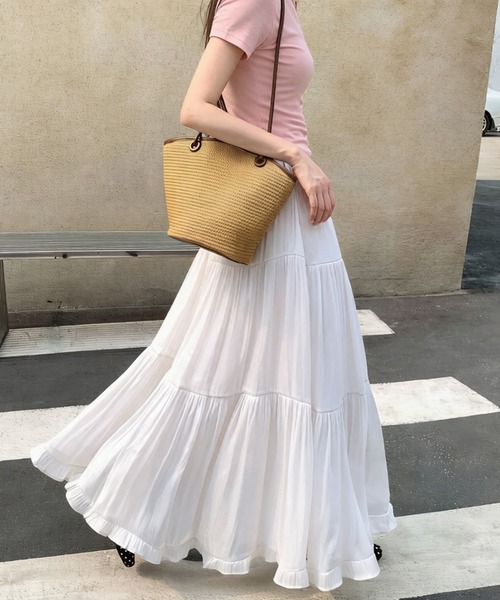 AMAJI(アマジ)の「フリル レースフリル ギャザー ティアード スカート ハイウエスト Aライン ロングスカート(スカート・レディース・ベージュ/ピンクベージュ/ブラック/ホワイト・X-LARGE/LARGE/MEDIUM/SMALL)」の1枚目の写真