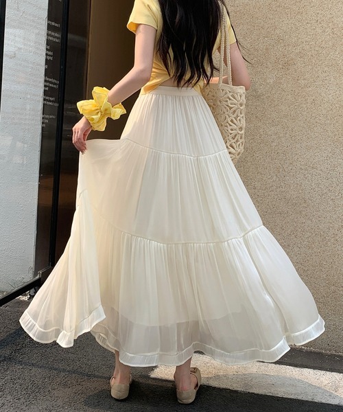 AMAJI(アマジ)の「フリル レースフリル ギャザー ティアード スカート ハイウエスト Aライン ロングスカート(スカート・レディース・ベージュ/ピンクベージュ/ブラック/ホワイト・X-LARGE/LARGE/MEDIUM/SMALL)」の9枚目の写真