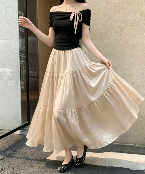 AMAJI(アマジ)の「フリル レースフリル ギャザー ティアード スカート ハイウエスト Aライン ロングスカート(スカート・レディース・ベージュ/ピンクベージュ/ブラック/ホワイト・X-LARGE/LARGE/MEDIUM/SMALL)」の11枚目の写真