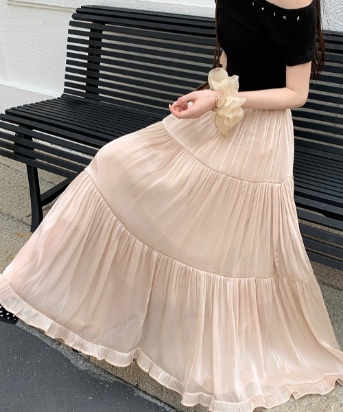 AMAJI(アマジ)の「フリル レースフリル ギャザー ティアード スカート ハイウエスト Aライン ロングスカート(スカート・レディース・ベージュ/ピンクベージュ/ブラック/ホワイト・X-LARGE/LARGE/MEDIUM/SMALL)」の12枚目の写真