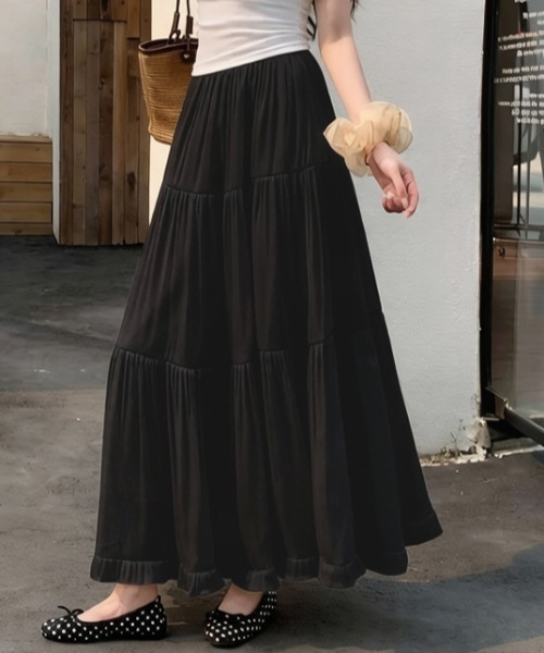 AMAJI(アマジ)の「フリル レースフリル ギャザー ティアード スカート ハイウエスト Aライン ロングスカート(スカート・レディース・ベージュ/ピンクベージュ/ブラック/ホワイト・X-LARGE/LARGE/MEDIUM/SMALL)」の7枚目の写真