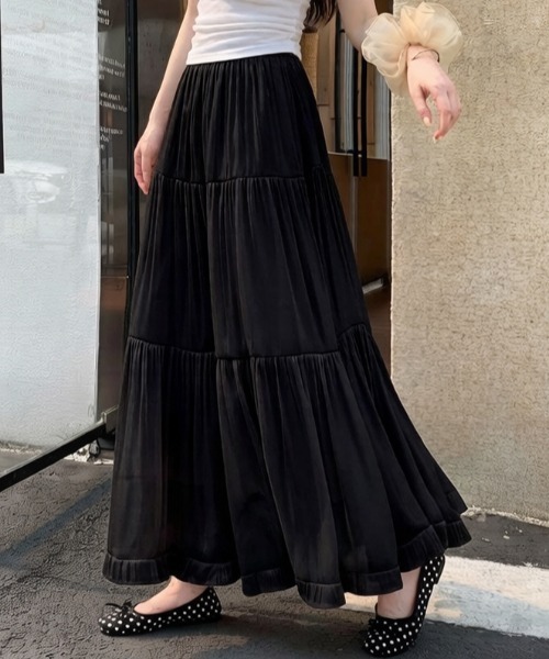 AMAJI(アマジ)の「フリル レースフリル ギャザー ティアード スカート ハイウエスト Aライン ロングスカート(スカート・レディース・ベージュ/ピンクベージュ/ブラック/ホワイト・X-LARGE/LARGE/MEDIUM/SMALL)」の8枚目の写真