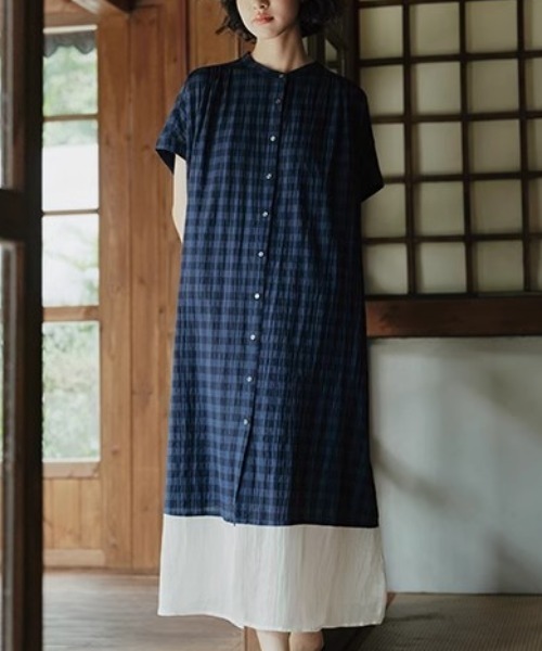 LUCPY（ラクピー）の「ギンガムチェック切替ロングシャツワンピース（ワンピース・レディース・ネイビー/グレー・MEDIUM/LARGE/X-LARGE/XX-LARGE）」の2枚目の写真