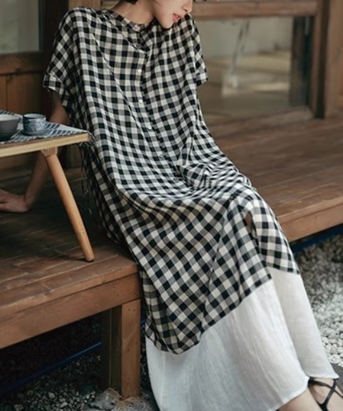 LUCPY（ラクピー）の「ギンガムチェック切替ロングシャツワンピース（ワンピース・レディース・ネイビー/グレー・MEDIUM/LARGE/X-LARGE/XX-LARGE）」の7枚目の写真