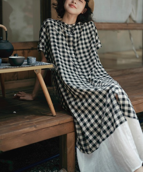 LUCPY（ラクピー）の「ギンガムチェック切替ロングシャツワンピース（ワンピース・レディース・ネイビー/グレー・MEDIUM/LARGE/X-LARGE/XX-LARGE）」の8枚目の写真