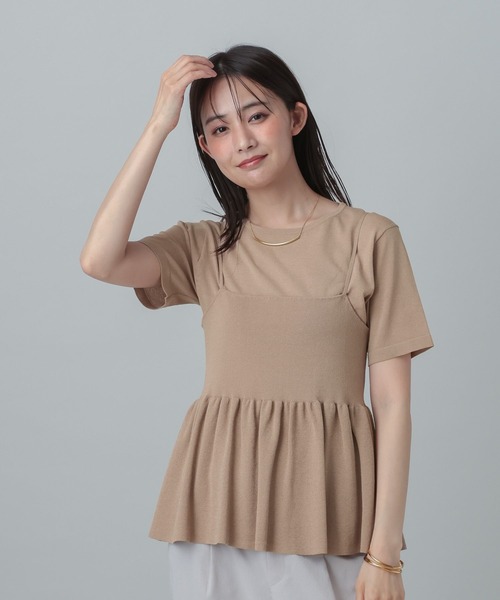 GLOBAL WORK（グローバルワーク）の「MATINEE LINE/サマーニットキャミTEEセット/667166（Tシャツ/カットソー・レディース・オフホワイト/ネイビー/グレイッシュベージュ・LARGE/MEDIUM）」の2枚目の写真