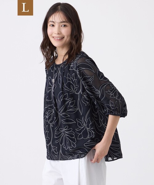 TRANS WORK(トランスワーク)の「【L】【ウォッシャブル】オパールボタニカルプリントブラウス(シャツ/ブラウス・レディース・ネイビー/オフホワイト・46/44)」の2枚目の写真