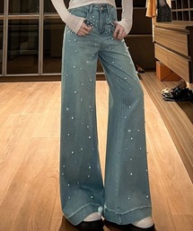 ランダムパール付ワイドデニムパンツ