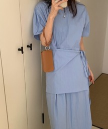 フェイクレイヤード リボン付き スリット ワンピース