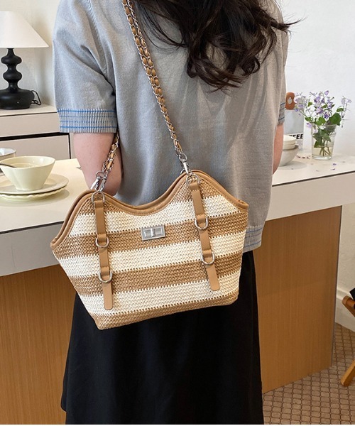 center i(センターアイ)の「チェーン付きボーダーかごバッグ 春夏2WAYショルダー(ショルダーバッグ・レディース・ベージュ/マルチ/ブラック・FREE)」の2枚目の写真