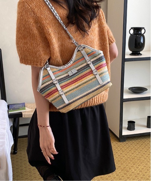 center i(センターアイ)の「チェーン付きボーダーかごバッグ 春夏2WAYショルダー(ショルダーバッグ・レディース・ベージュ/マルチ/ブラック・FREE)」の4枚目の写真