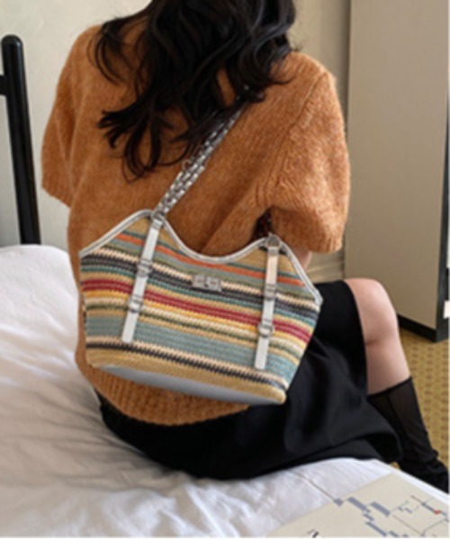center i(センターアイ)の「チェーン付きボーダーかごバッグ 春夏2WAYショルダー(ショルダーバッグ・レディース・ベージュ/マルチ/ブラック・FREE)」の5枚目の写真
