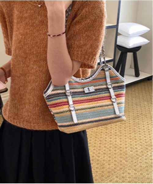 center i(センターアイ)の「チェーン付きボーダーかごバッグ 春夏2WAYショルダー(ショルダーバッグ・レディース・ベージュ/マルチ/ブラック・FREE)」の6枚目の写真