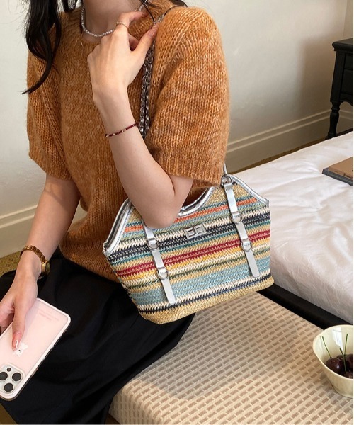 center i(センターアイ)の「チェーン付きボーダーかごバッグ 春夏2WAYショルダー(ショルダーバッグ・レディース・ベージュ/マルチ/ブラック・FREE)」の11枚目の写真