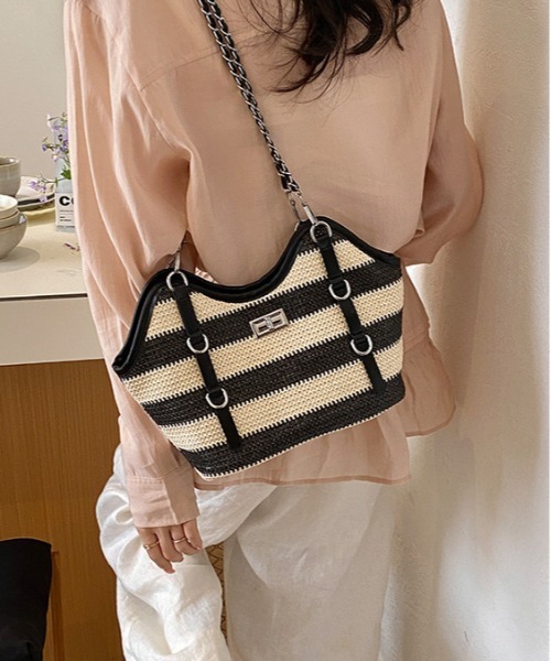 center i(センターアイ)の「チェーン付きボーダーかごバッグ 春夏2WAYショルダー(ショルダーバッグ・レディース・ベージュ/マルチ/ブラック・FREE)」の17枚目の写真