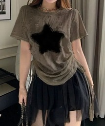 スターフリルチュール サイドリボンシャーリング半袖Tシャツ