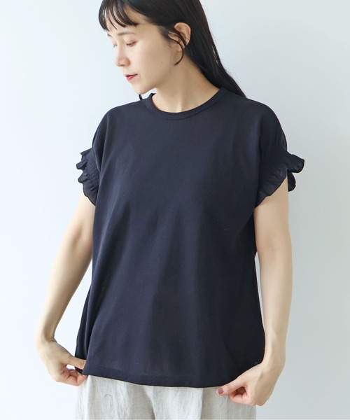 yuni（ユニ　）の「△強撚C/Ny sheer gather sleeve pullover（Tシャツ/カットソー・レディース・ホワイト/ブラック・FREE）」の2枚目の写真
