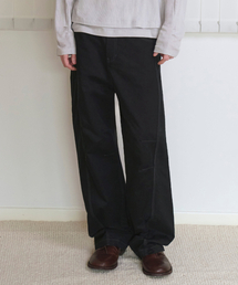 Stitch curved pants -BLACK