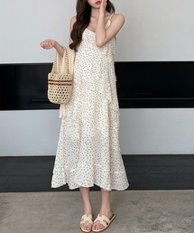 【アジャスター調節可/裏地付き】ドット柄ティアードキャミソール ロング フレア ワンピース レディース