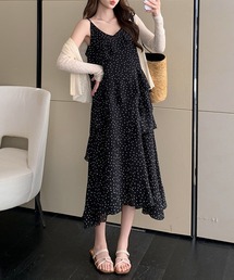 【アジャスター調節可/裏地付き】ドット柄ティアードキャミソール ロング フレア ワンピース レディース