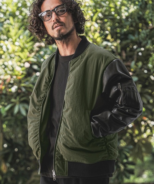 wjk reluxe(ダブルジェーケーリラックス)の「mj11772- Padded Synthetic Leather Combo MA-1 中綿MA-1ジャケット(WR26W-02)(MA-1・メンズ・オリーブ/ブラック/ネイビー・L/M/S)」の1枚目の写真