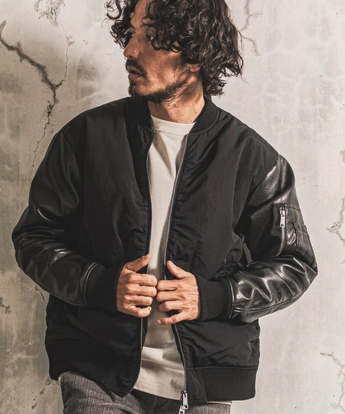 wjk reluxe(ダブルジェーケーリラックス)の「mj11772- Padded Synthetic Leather Combo MA-1 中綿MA-1ジャケット(WR26W-02)(MA-1・メンズ・オリーブ/ブラック/ネイビー・L/M/S)」の2枚目の写真