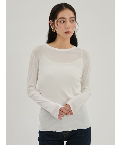 Mila Owen(ミラオーウェン)の「強撚シアーフライスロングTシャツ(Tシャツ/カットソー・レディース・ベージュ/グレー/ホワイト/ブラック・F)」の8枚目の写真