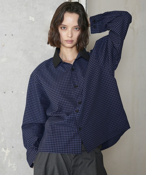 ROCHEM（ローシェン）の「ワンポイントロゴ刺繍襟リブミニチェックシャツ（シャツ/ブラウス・メンズ・ブラウン/ブラック・XS/S/M/L）」の4枚目の写真