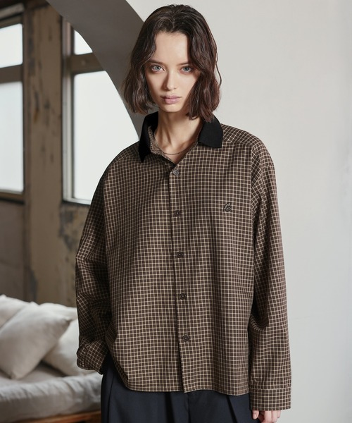 ROCHEM（ローシェン）の「ワンポイントロゴ刺繍襟リブミニチェックシャツ（シャツ/ブラウス・メンズ・ブラウン/ブラック・XS/S/M/L）」の13枚目の写真