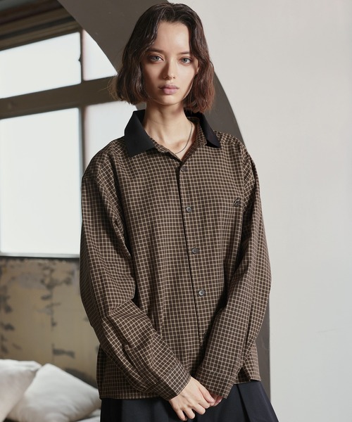 ROCHEM（ローシェン）の「ワンポイントロゴ刺繍襟リブミニチェックシャツ（シャツ/ブラウス・メンズ・ブラウン/ブラック・XS/S/M/L）」の15枚目の写真