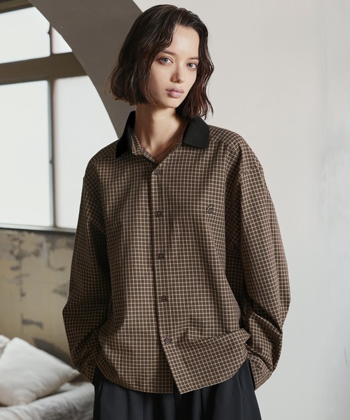 ROCHEM（ローシェン）の「ワンポイントロゴ刺繍襟リブミニチェックシャツ（シャツ/ブラウス・メンズ・ブラウン/ブラック・XS/S/M/L）」の14枚目の写真