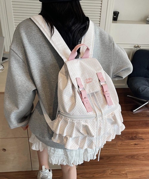 Miniministore(ミニミニストア)の「ドット柄リュックサックフリルバックパック(バックパック/リュック・レディース・ライトグレー/ブラック/オフホワイト・FREE)」の1枚目の写真