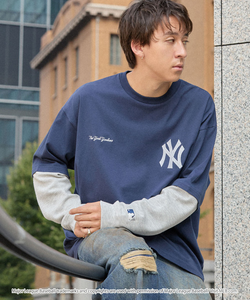 MLB(メジャーリーグベースボール)の「MLB/メジャーリーグベースボール 別注 ロゴ刺繍 ワッフルスリーブ フェイクレイヤードロンT(Tシャツ/カットソー・メンズ・ダークブラウン/スミクロ/ブラック/ネイビー/オートミール・S/M/L)」の5枚目の写真