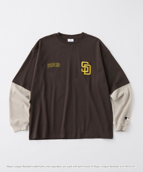 MLB(メジャーリーグベースボール)の「MLB/メジャーリーグベースボール 別注 ロゴ刺繍 ワッフルスリーブ フェイクレイヤードロンT(Tシャツ/カットソー・メンズ・ダークブラウン/スミクロ/ブラック/ネイビー/オートミール・S/M/L)」の12枚目の写真