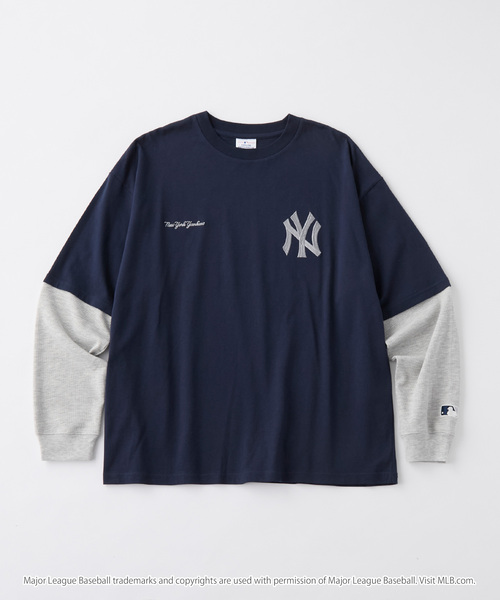 MLB(メジャーリーグベースボール)の「MLB/メジャーリーグベースボール 別注 ロゴ刺繍 ワッフルスリーブ フェイクレイヤードロンT(Tシャツ/カットソー・メンズ・ダークブラウン/スミクロ/ブラック/ネイビー/オートミール・S/M/L)」の13枚目の写真