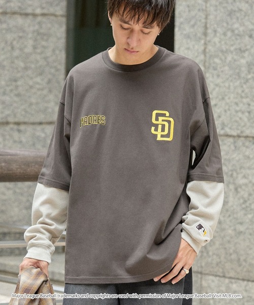 MLB(メジャーリーグベースボール)の「MLB/メジャーリーグベースボール 別注 ロゴ刺繍 ワッフルスリーブ フェイクレイヤードロンT(Tシャツ/カットソー・メンズ・ダークブラウン/スミクロ/ブラック/ネイビー/オートミール・S/M/L)」の3枚目の写真