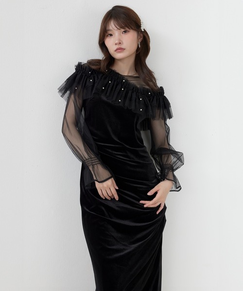 Kana(カナ)の「パールチュールウェーブIラインドレス パーティー 結婚式 お呼ばれ オケージョン(ドレス・レディース・オリーブ/グレイッシュブルー/ブラック・M)」の4枚目の写真