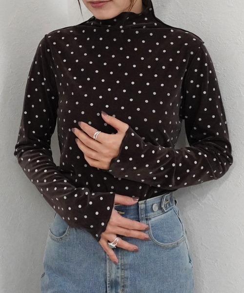 SELECT LEVERY(セレクトリベリー)の「ハイネックシアーフロッキードットプルオーバー(Tシャツ/カットソー・レディース・ブラウン/ライトベージュ/オフホワイト・MEDIUM)」の3枚目の写真