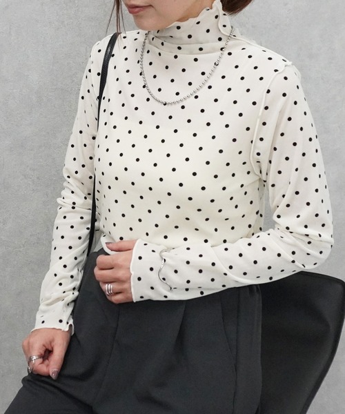 SELECT LEVERY(セレクトリベリー)の「ハイネックシアーフロッキードットプルオーバー(Tシャツ/カットソー・レディース・ブラウン/ライトベージュ/オフホワイト・MEDIUM)」の5枚目の写真