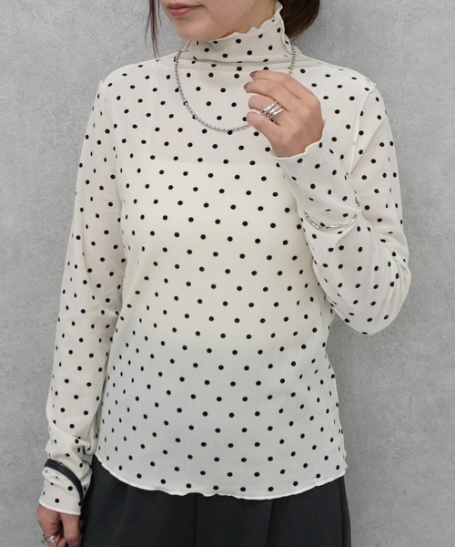 SELECT LEVERY(セレクトリベリー)の「ハイネックシアーフロッキードットプルオーバー(Tシャツ/カットソー・レディース・ブラウン/ライトベージュ/オフホワイト・MEDIUM)」の6枚目の写真