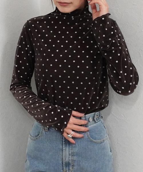 SELECT LEVERY(セレクトリベリー)の「ハイネックシアーフロッキードットプルオーバー(Tシャツ/カットソー・レディース・ブラウン/ライトベージュ/オフホワイト・MEDIUM)」の14枚目の写真