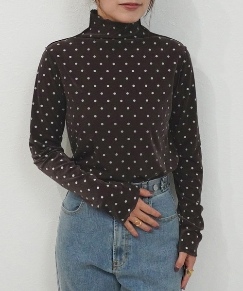 SELECT LEVERY(セレクトリベリー)の「ハイネックシアーフロッキードットプルオーバー(Tシャツ/カットソー・レディース・ブラウン/ライトベージュ/オフホワイト・MEDIUM)」の15枚目の写真