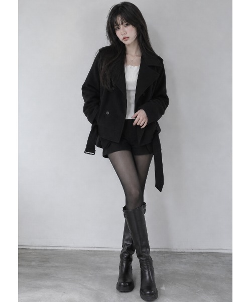 Aelina(エリナ)の「ステンカラーダブルブレスト裾絞りショートコート(ピーコート・レディース・チャコールグレー/ブラック・FREE)」の12枚目の写真
