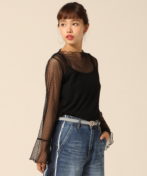 LOWRYS FARM(ローリーズファーム)の「★キャミソール付★ドットチュールブラウス 769287(Tシャツ/カットソー・レディース・オフホワイト/ブラック・MEDIUM/LARGE)」の2枚目の写真