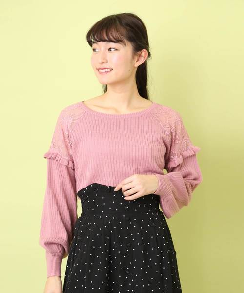 OLIVE des OLIVE(オリーブデオリーブ)の「肩レース切替え プルオーバー(ニット/セーター・レディース・オフホワイト/ミント/ピンク系その他/ブラック・FREE)」の1枚目の写真
