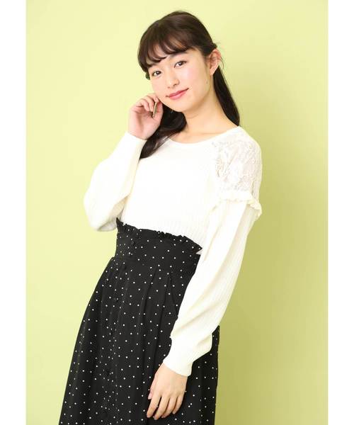 OLIVE des OLIVE(オリーブデオリーブ)の「肩レース切替え プルオーバー(ニット/セーター・レディース・オフホワイト/ミント/ピンク系その他/ブラック・FREE)」の11枚目の写真